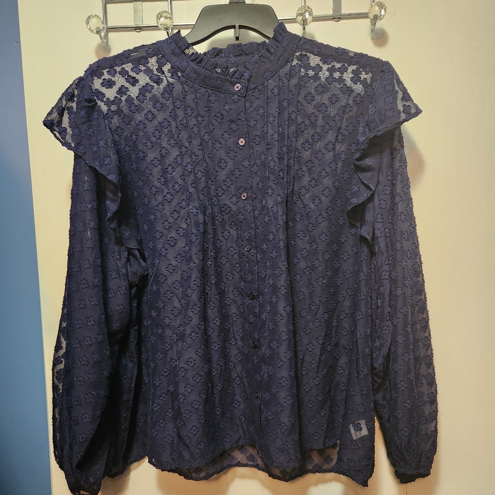 NWT SZ 3X Button-up Sheer Lace-like Long Sleeved Navy Blue Blouse, Ophelia Roe